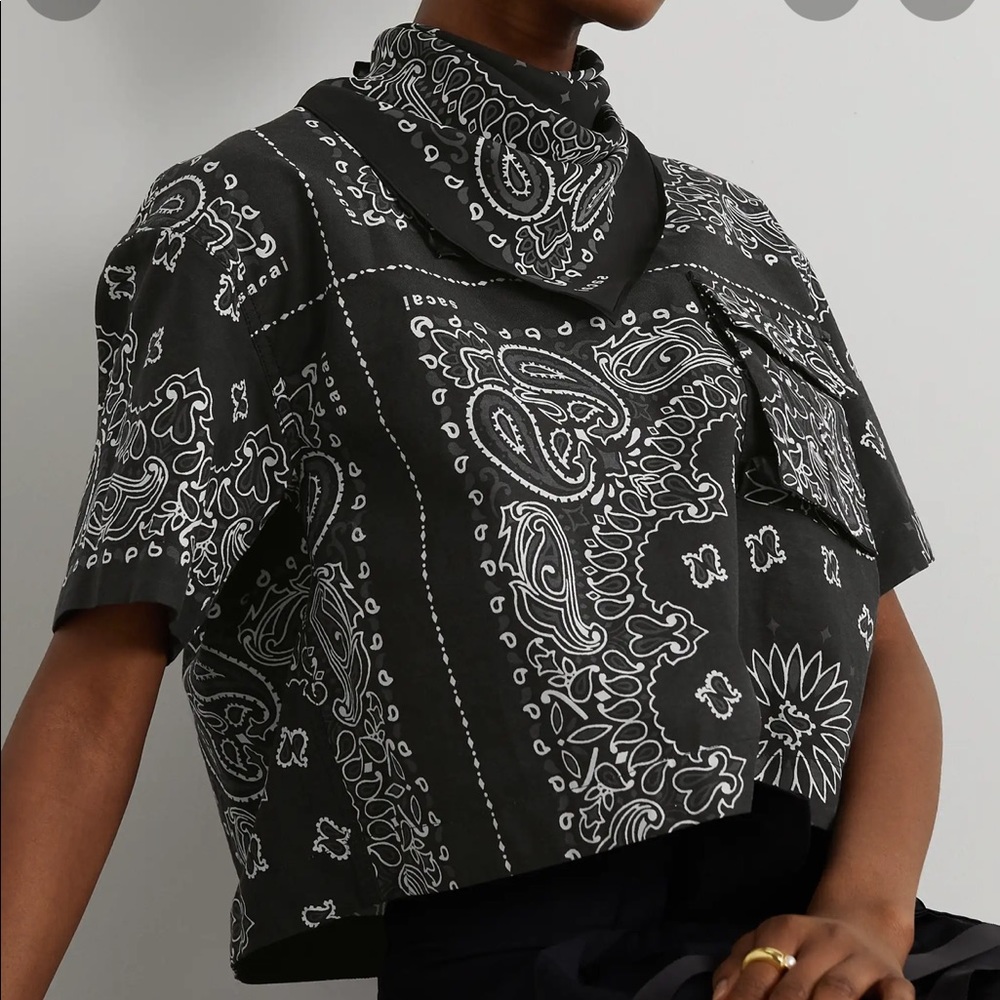 Sacai B/W cotton canvas top with attached silk scarf, size 1 - Picture 2 of 8